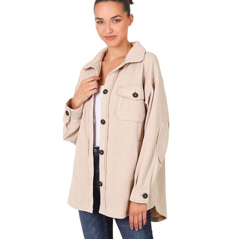 Zenana Women XL Cream Beige Fleece Oversized Shacket Elbow Patch